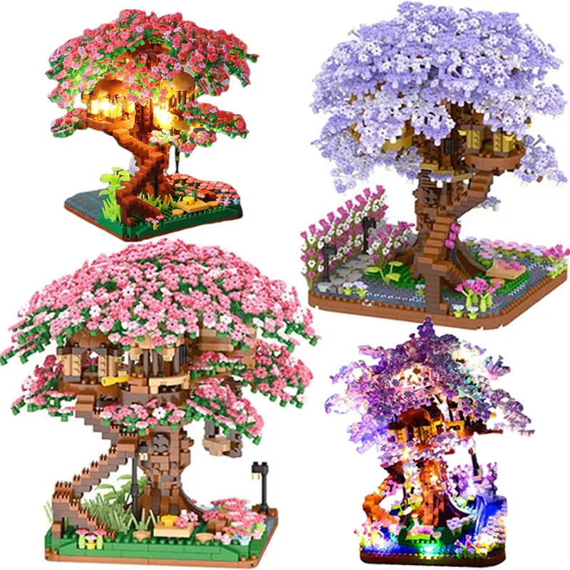 

With Lights Sakura Tree House Building Blocks City Cherry Blossom Japanese Friends Street View Mini Bricks Toys Chsristmas Gifts