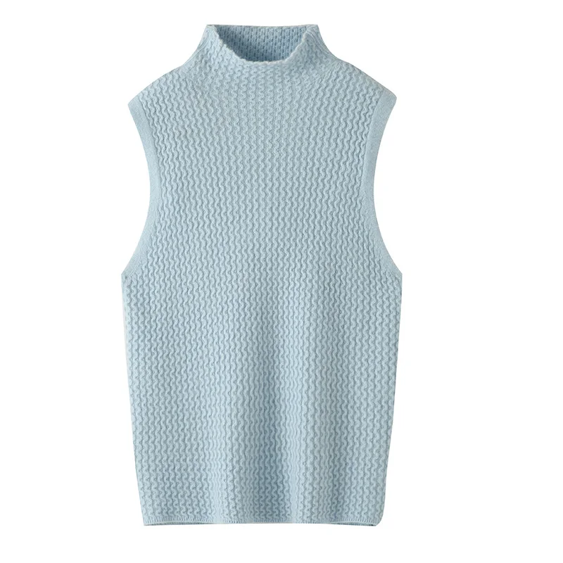 Style académique 100% vison cachemire gilet pull pull col montant sans manches tricots basique élégant femme vêtements hauts