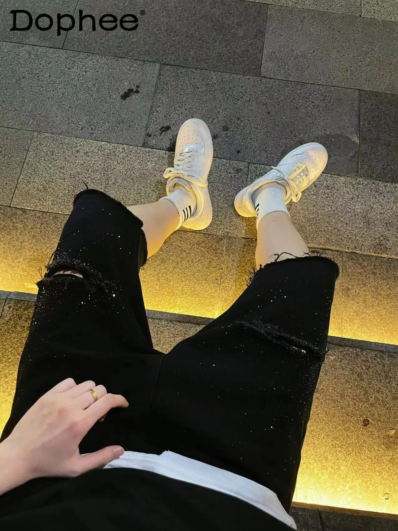 Korean Version Original Fashion Heavy-duty Rhinestone Denim Ripped Shorts Trendy Casual Loose Unisex Versatile Sports Shorts