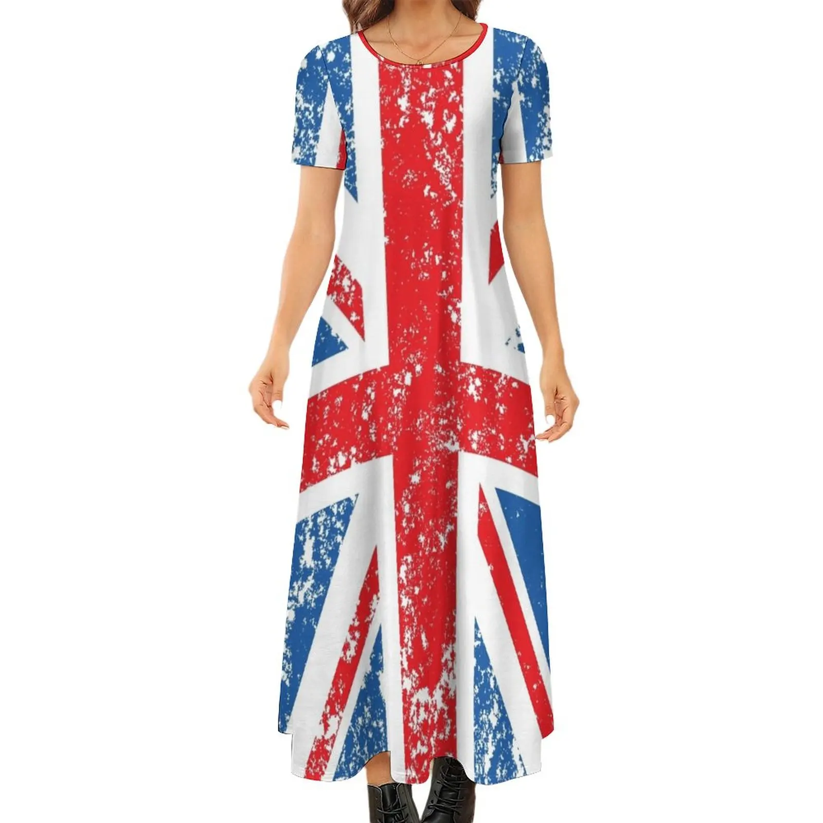 

Distressed Effect Union Jack/Flag Round Neck Short Sleeve Dress wedding guest dress 2024 women"s clothing korea stylish