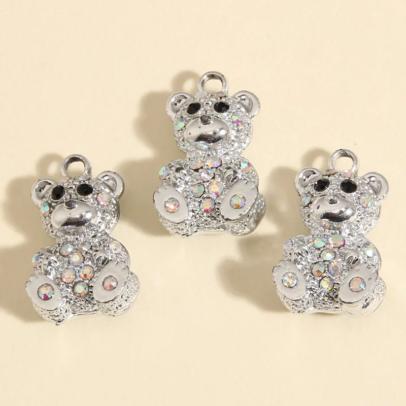 5pcs Silver Color 24x14mm Cute 3D Bear Crystal Charms Animal Pendant Fit Necklaces DIY Handmade Jewelry Making Finding Supplies