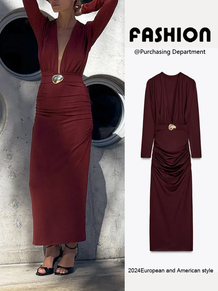 エレガントな長袖ラウンドネックガウン春の新作レディースファッションプリーツベルト付きドレス通勤スタイルハイウエストスカート