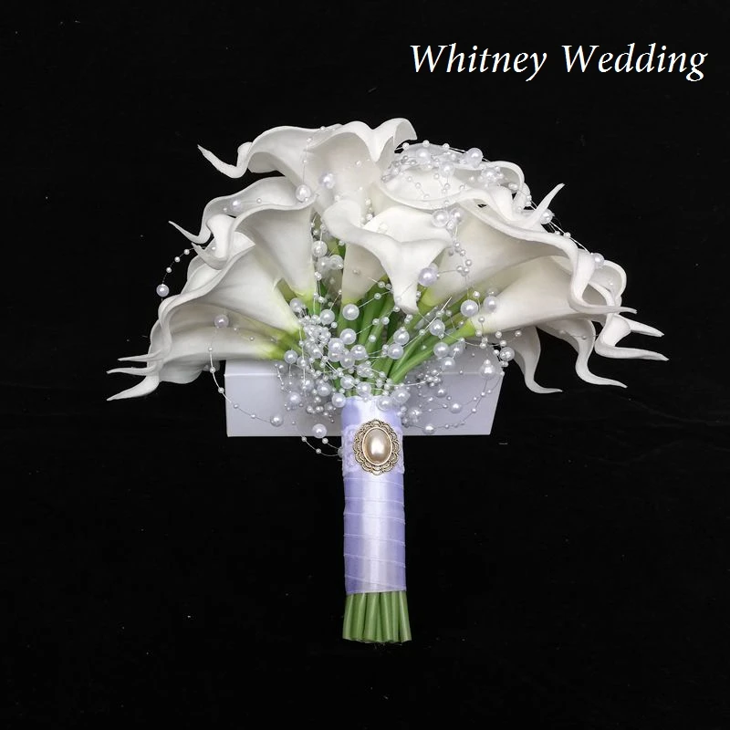 Branco calla lírios nupcial de seda casamento bouquet toque natural com pérolas dama de honra flor mariage ramo novia