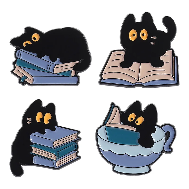 1-6pcs Cartoon Black Cat Enamel Pins Fluid Big Eyes Kitten Cute Animal Brooches Lapel Badge fashion Jewelry Gifs For Cat Lovers