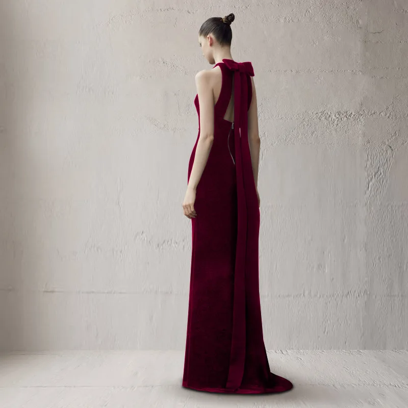 Bridedress Women Sexy Halter Neck Elegant Long Party Wedding Back Bow Mermaid Evening Velvet Dress Plus Size Winered Black
