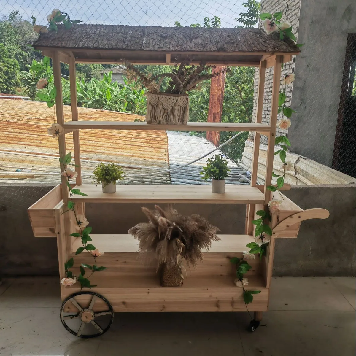 

Stall retro solid wood float flower rack flower shop decorative display rack multi-functional retro cart