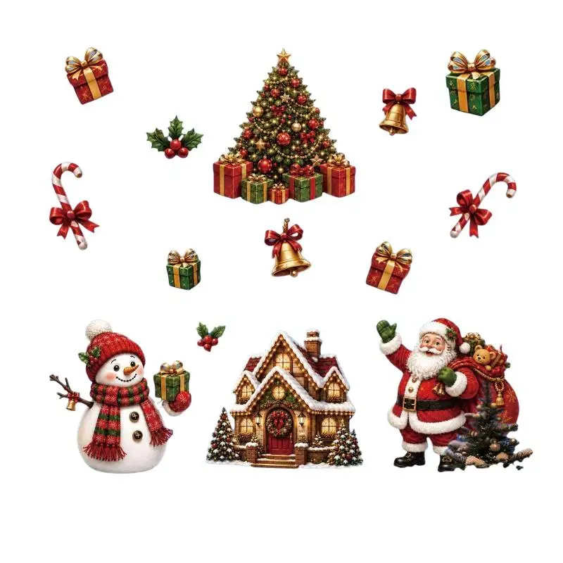 Christmas Window Wall Decal Sticker 1/2/4 Sheets Cartoon Snowflake Snowman Santa Claus for Storefront Xmas Decor