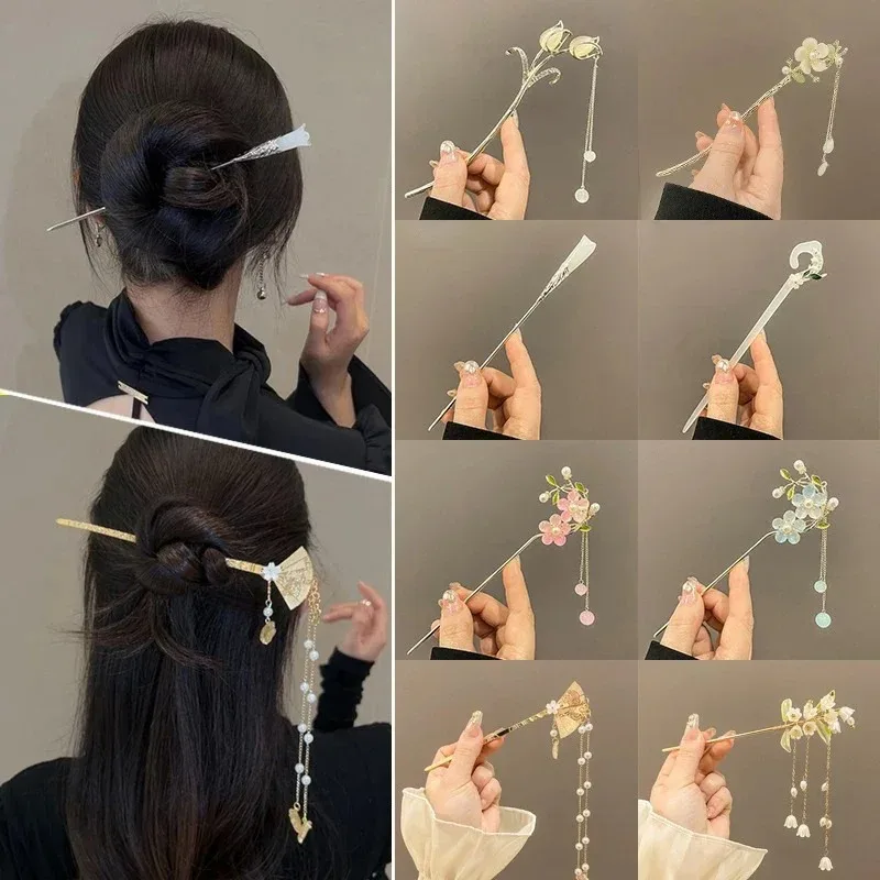 Elegant Vintage Floral Silk Chopstick Hair Jewelry