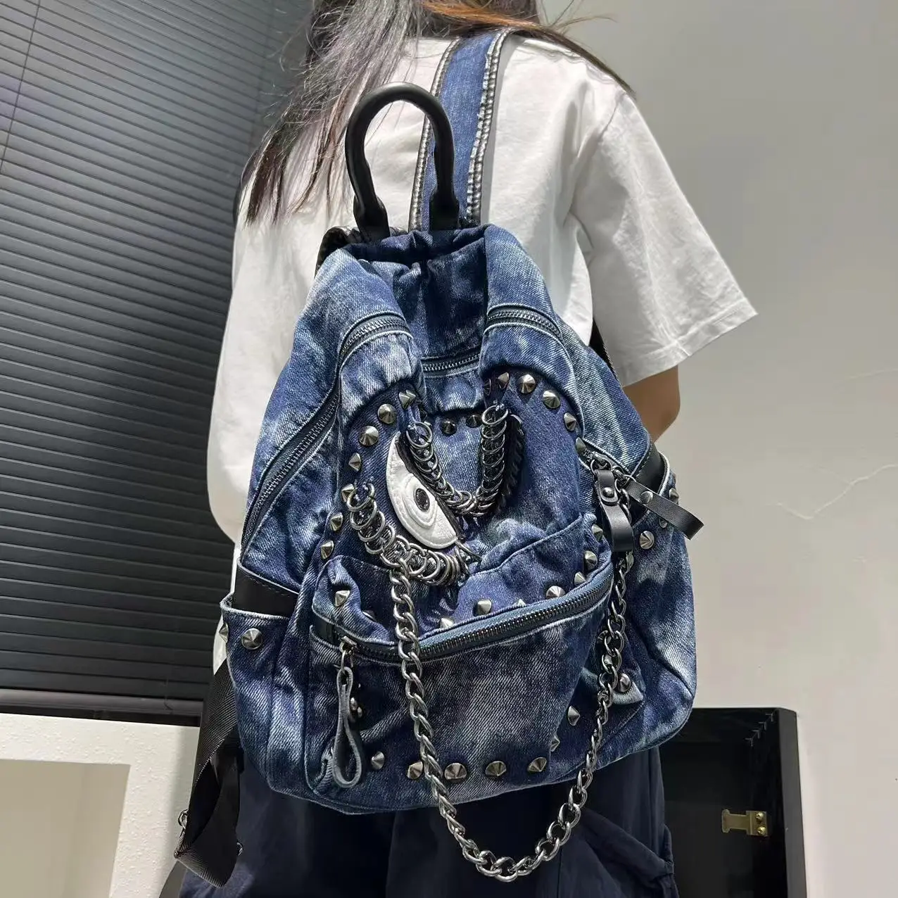 Women\'s Fashion Steampunk Denim Backpack Large Capacity Rivet Chain Shoulder Handbag