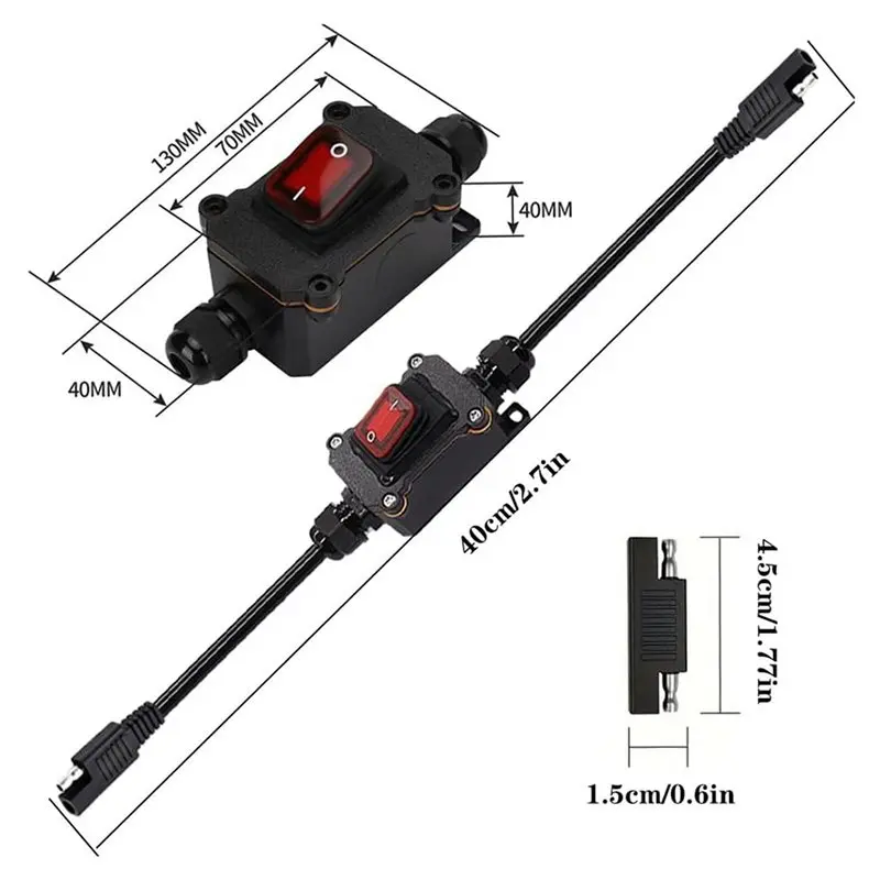 AB33-2X Inline 12V Power Switch SAE Connector IP67 Waterproof, 14AWG Heavy Duty SAE Plug With On/Off Switch For Solar, RV