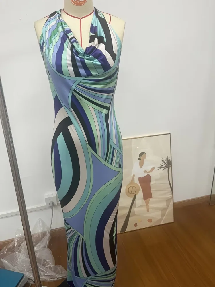 Vestido largo con cuello Halter estampado a la moda para mujer, elegante, sin mangas, sin espalda, ajustado, Maxi vestid