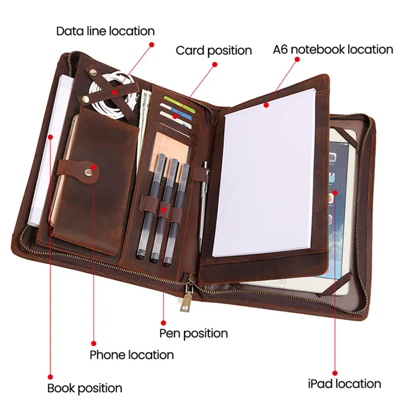 Imagem -03 - Maleta de Couro Genuíno para Homens Carteira Zipper Pasta Retro Busniess Padfolio Organizador de Notebook 9.7 Ipad a6 Documentos