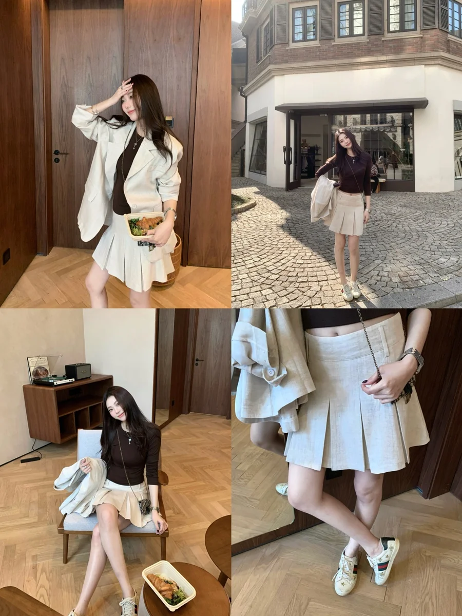 

Elegant Artistic Fashion Set Linen Casual Suiting Jacket High Waist Draping Pleated Skirt Set Women's Spring Outfit