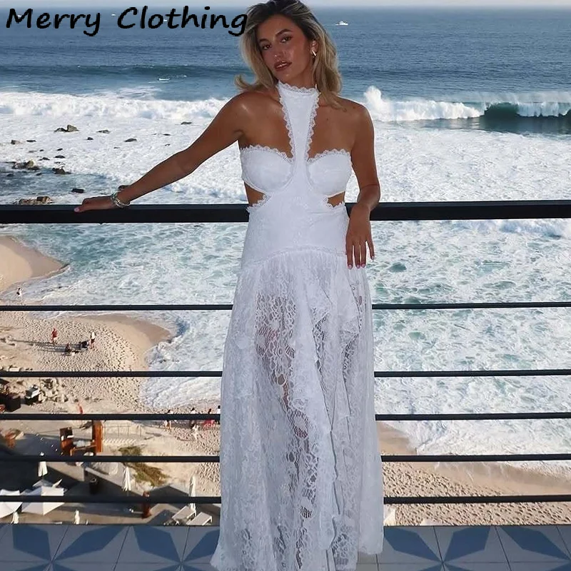 مثير الدانتيل المرقعة فستان المرأة الجوف خارج أكمام نادي الحفلات تنورة طويلة انظر من خلال الرسن ثوب مسائي عطلة سيدة الجلباب