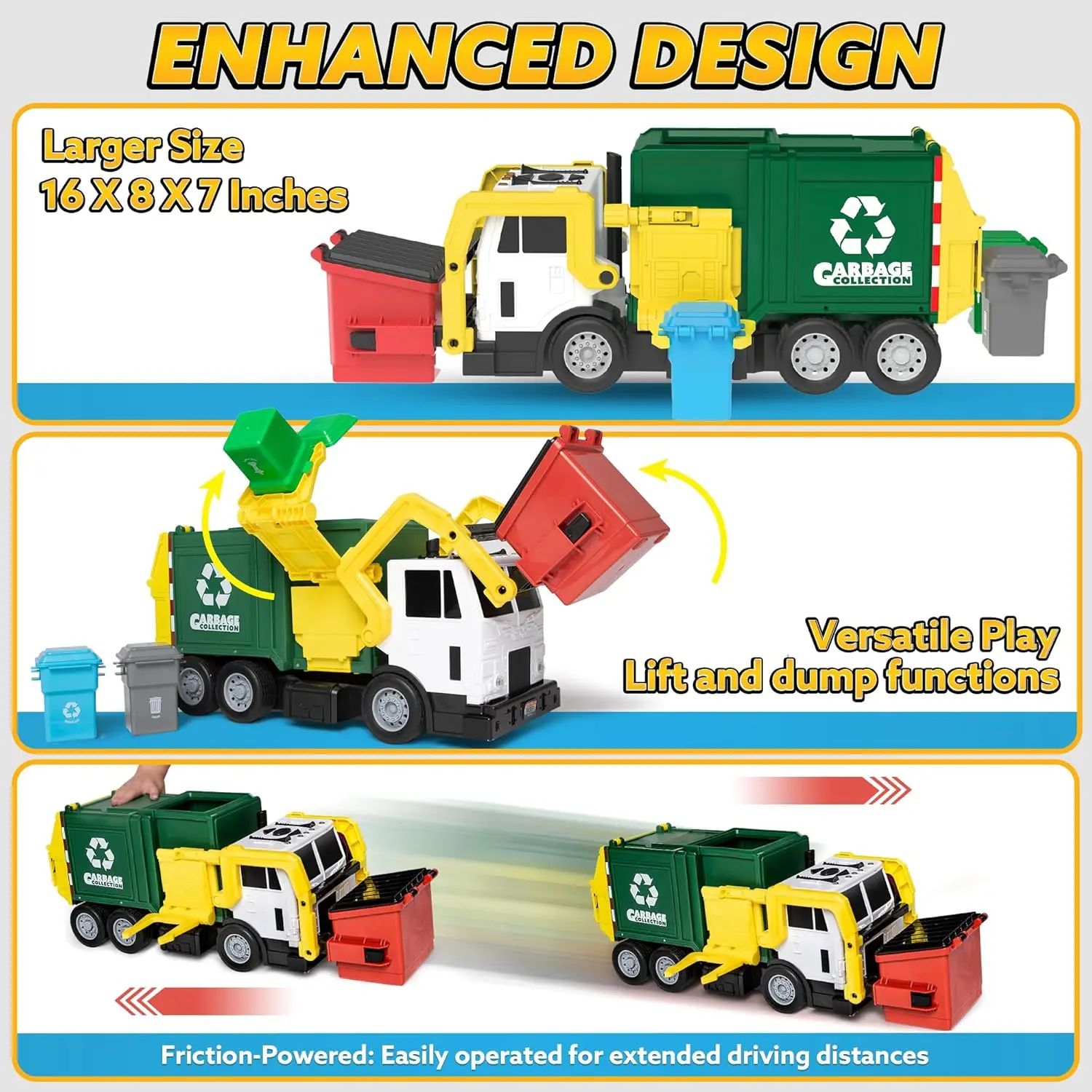 JOYFY Large Friction Powered Garbage Truck Toy Set With Includes Dumpster Trash Bins for Boys Toys Birthday Christmas Gift view 3