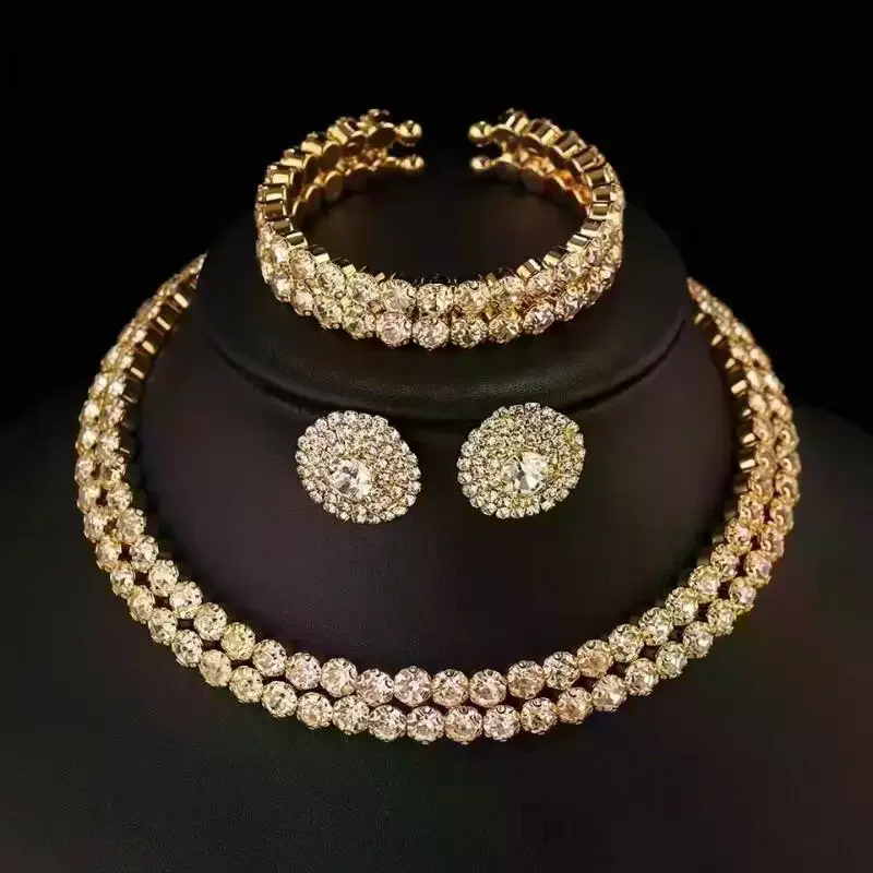 1/3Pcs Rhinestone Jewelry Set With Shiny Crystals Necklace Earrings Bangle Perfect For Wedding Prom Evening Events