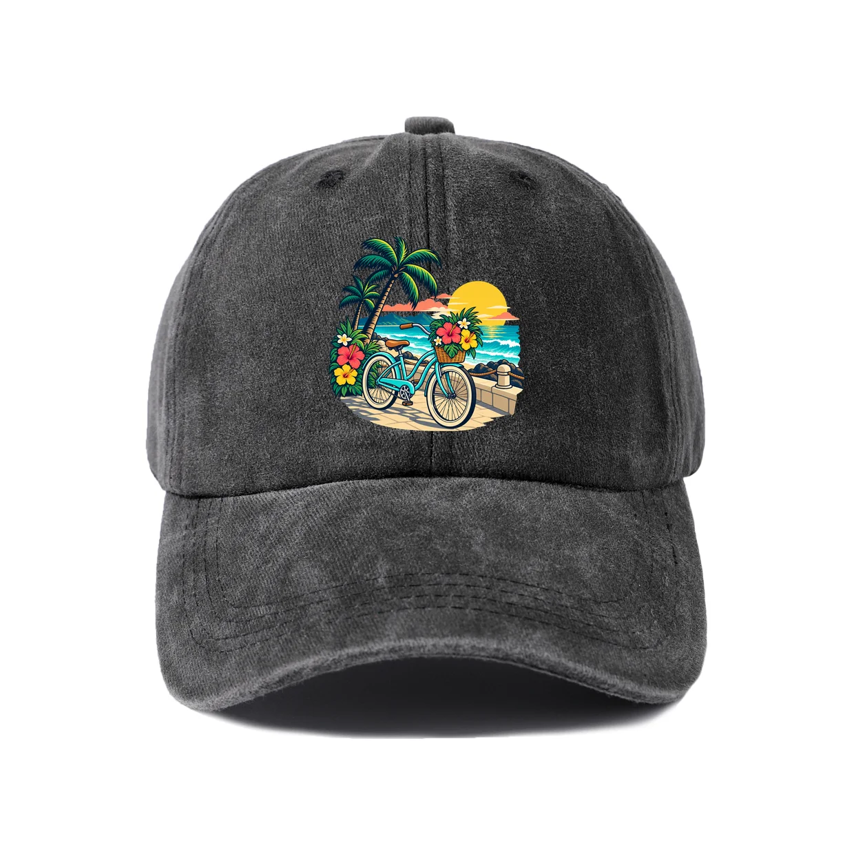 Tropical Beach Travel Graphic Art Baseball Cap, Vintage Washed Adjustable Unisex Dad Hat, Travel Gift