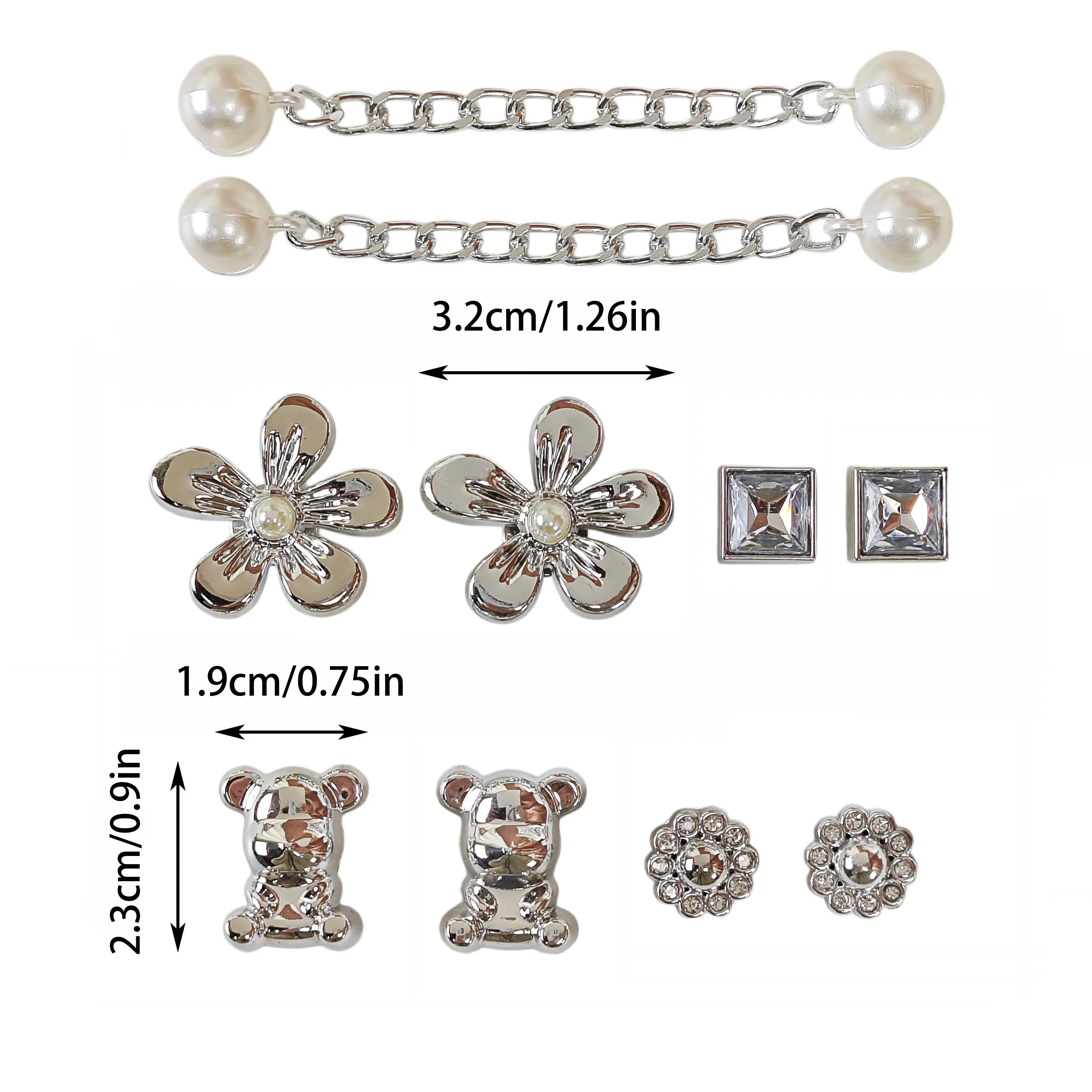10Pcs DIY Shoe Decoration Charms Shiny Silver Flowers, Little Bears, Square Rhinestones, Faux Pearl Chain Decorative Buckles, Non-Metal Lightweight Material, Y2K Fashion Versatile Cute Personality Accessories for Men and Women, Suitable for Eva Beach Shoes, Sandals, Removable Shoe Decorations, Holiday Gifts