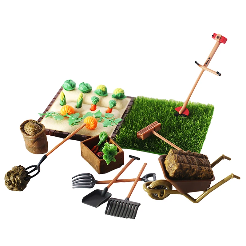 Herramienta de granja en miniatura para casa de muñecas, pala de jardinería, rastrillo, cortacésped, modelo de verduras, herramienta de escena de plantación al aire libre, 1 Juego