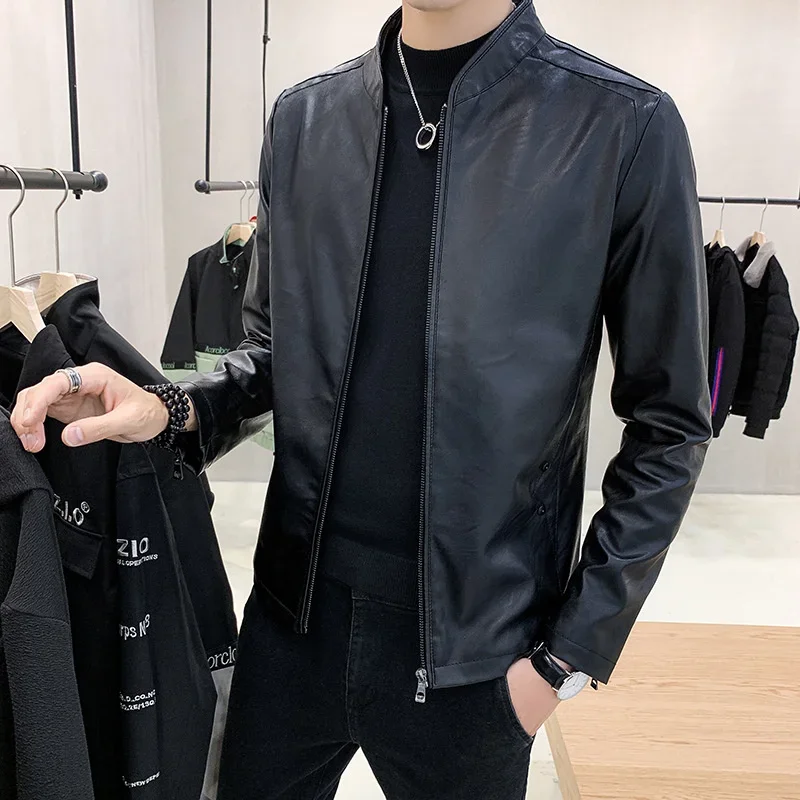 Spring autumn fashion casual men\'s leather jacket zipper stand collar loose motorcycle leather jacket faux leather men\'s coat