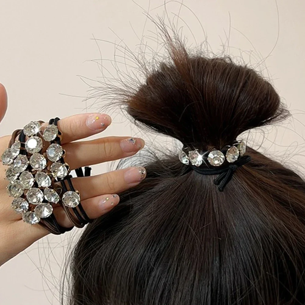 1-20PCS Women Diamonds Black Shiny Rhinestone Seamless Rubber Band Elastic Hair Rope 2024 New Fashion Hot Sale Hair Accessories image 2