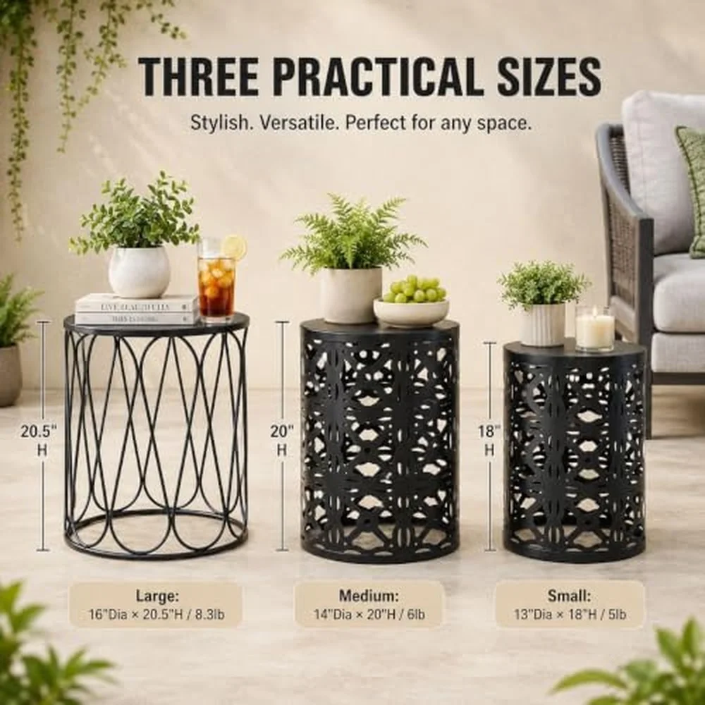 Outdoor Side Tables Set of 3 Metal Stacking Round Patio Side Tables