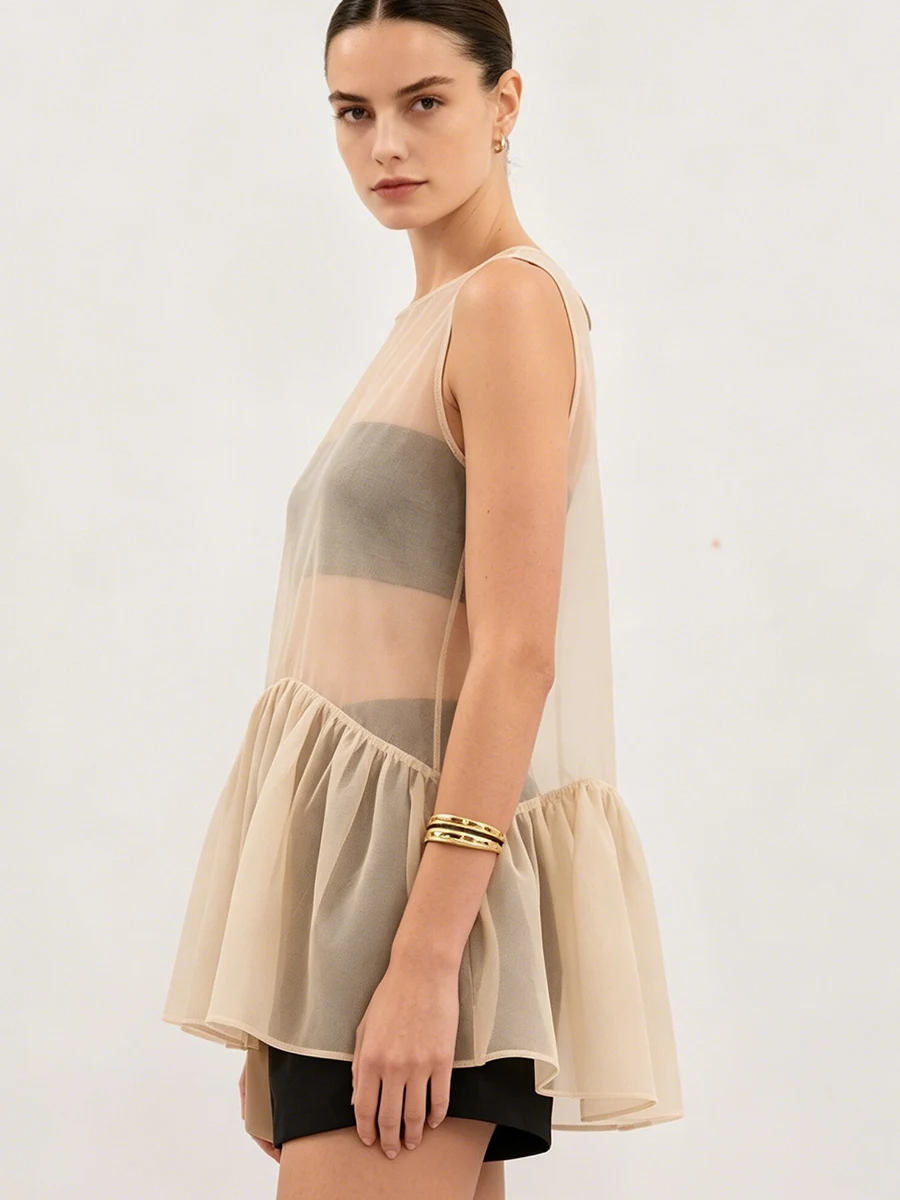 LIMO Sheer  Ruffle Hem Tank Top See-Through Sleeveless Blouse Elegant A-Line Transparent Cover