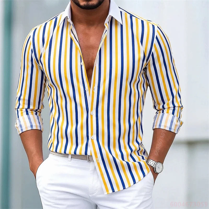 

Men's shirt, European and American style striped contrasting collar shirt, men's business casual slim fit long sleeved shirt
