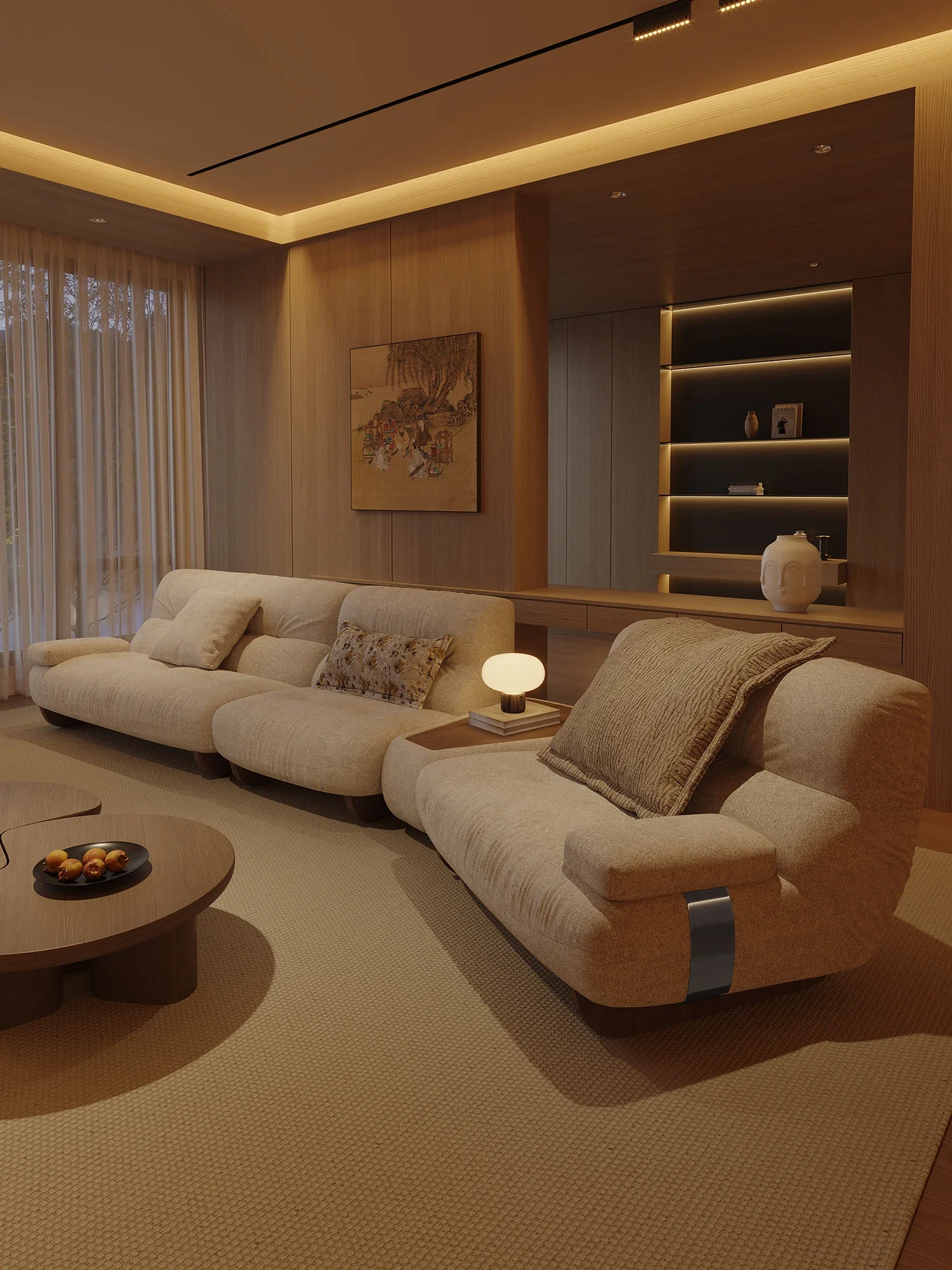 Oatmeal Crinkle Chenille Curved Modular Sofa With Built In Wood Tray Table Tufted Backrest For Living Room Villa Bedroom