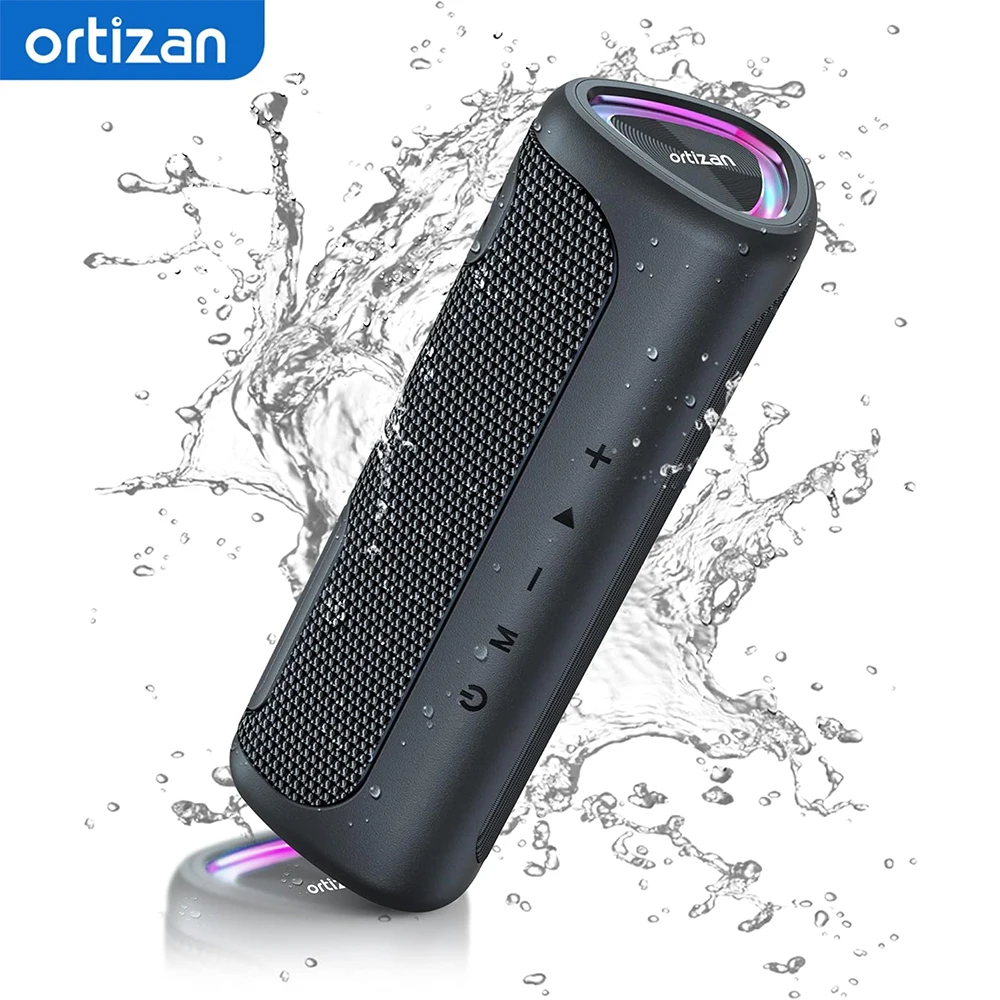 Altavoz Bluetooth Ortizan M7 portátil, sonido potente de 24W, graves ricos, resistente al agua IPX7, tiempo de reproducción 30H, luces coloridas