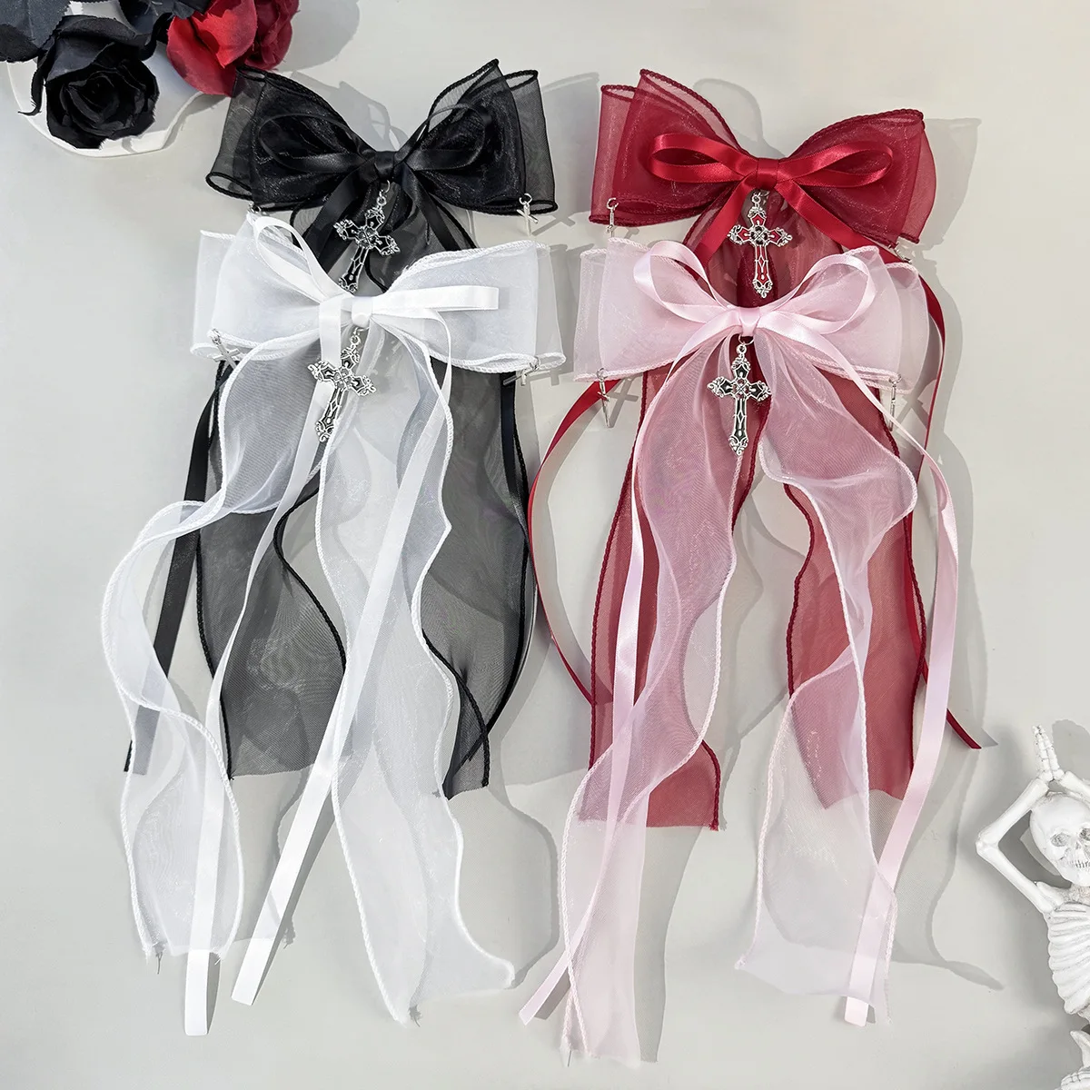 20-pcs-dark-lolita-gothic-hair-clips-with-long-tassel-organza-bow-y2k-trend-ladies-barrettes-bulk-pack-for-women-bulk-pack