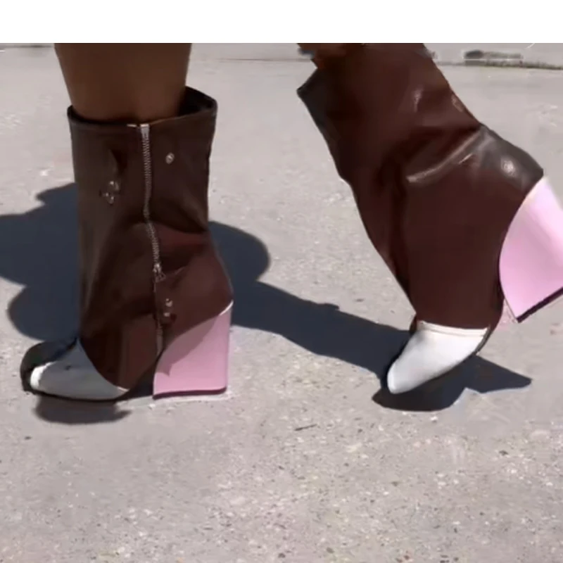 

Wedge Heel Square Toe Side Zip Slip-On Mid-Calf Boots Woman Winter 2025 Mixed Colors Fashion Woman Boots Shoes for Women