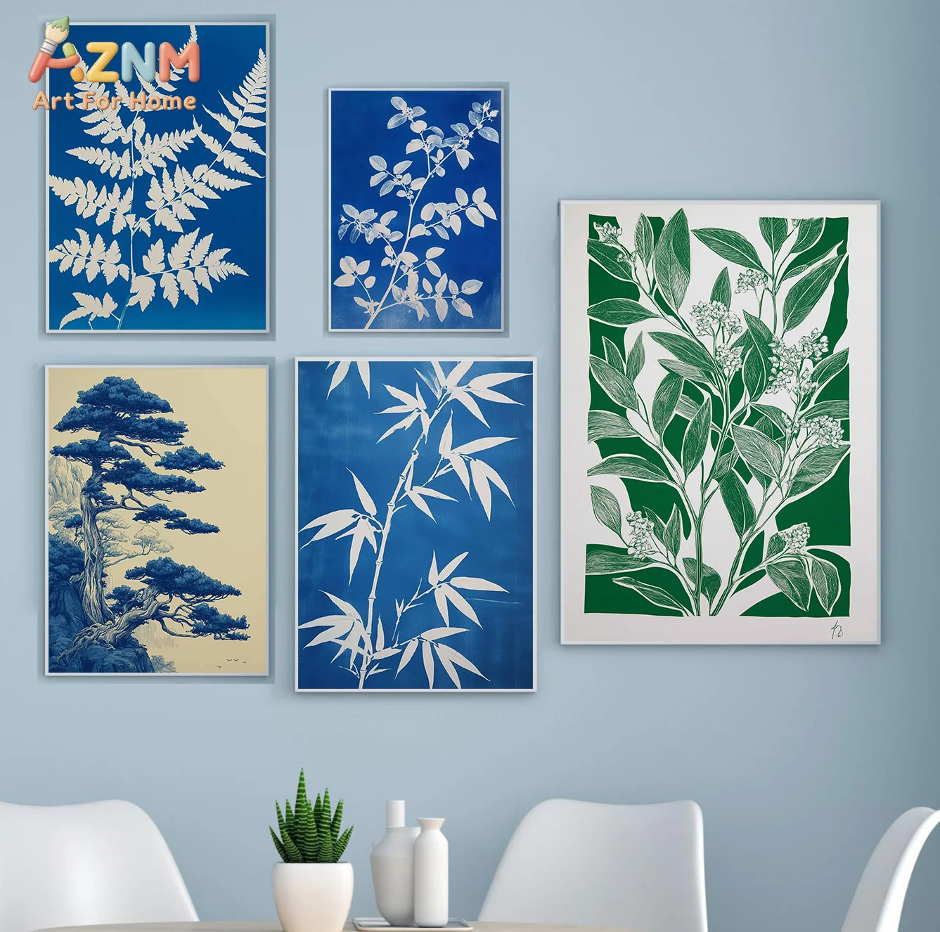 AZNM Chinoiserie Blue Tone Landscape Botanical Canvas Poster, Frameless Traditional Pavilion Pine Peony Print Wall Art For Orien