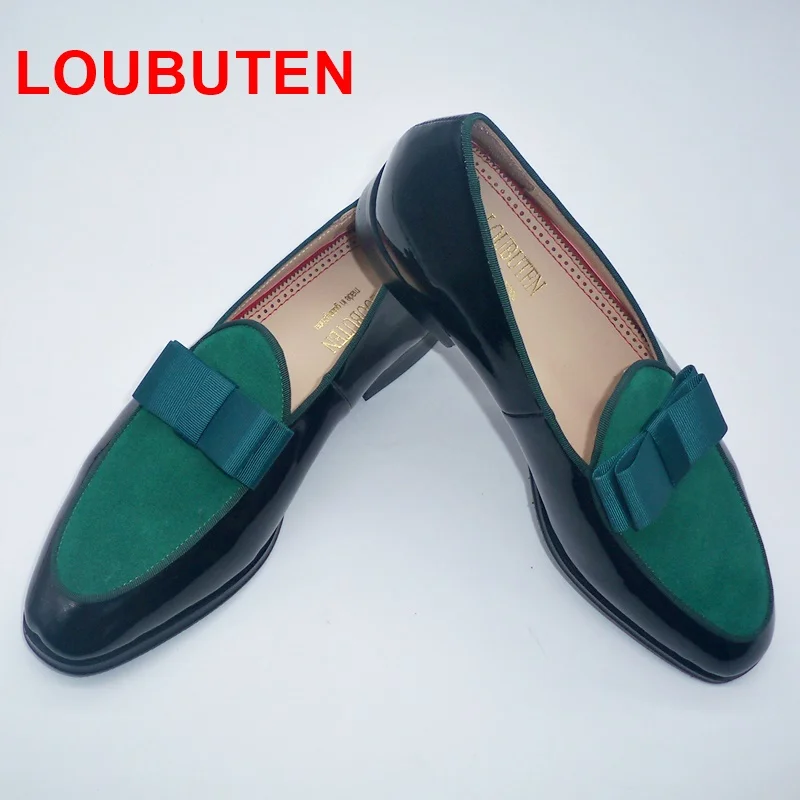 LOUBUTEN Summer New Fashion Green Butterfly-Knot Mens Loafers Stylish Patent Leather Shoes Men Dress Shoes Slip On Party Shoes