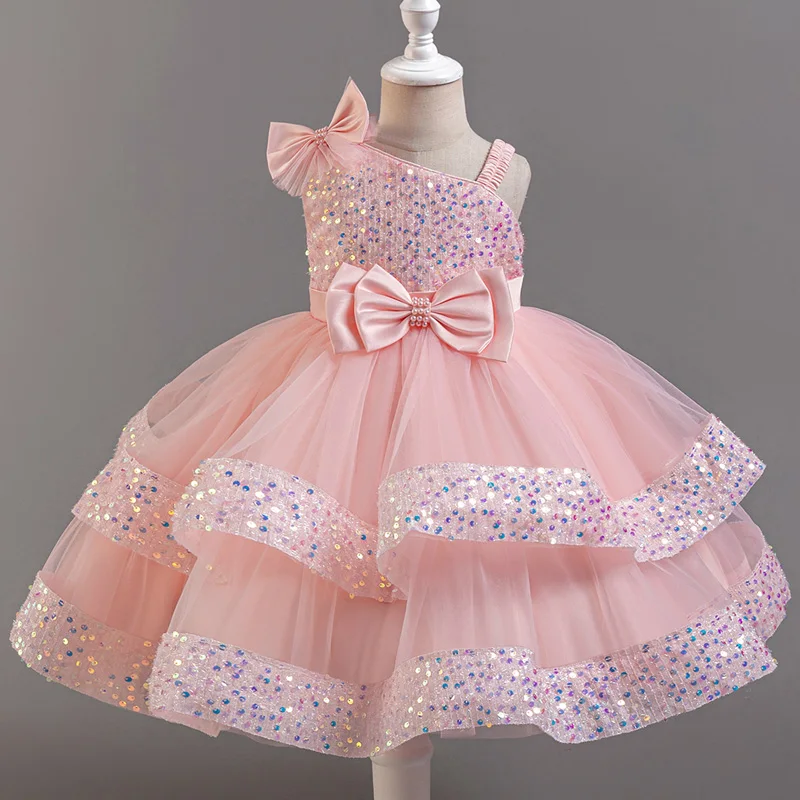 1-5 Years Girls Beaded Bow Tie Sequin Mesh Children's Sleeveless Evening Dress School Graduation Party Multi Layered Dress