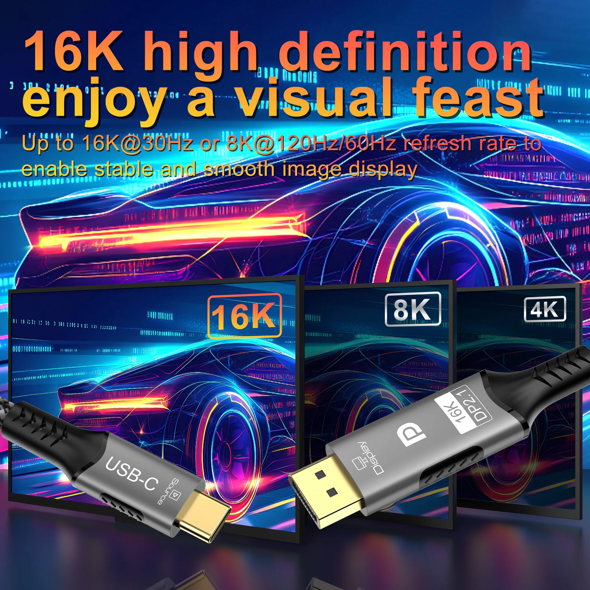 USB C auf 16K DisplayPort 2.1 Kabel 16K@30Hz 8K@60Hz Typ-C auf 16K DP 2.1 für Thunderbolt 4/3 54Gpbs MacBook Huawei Air Projektor – Detail 5