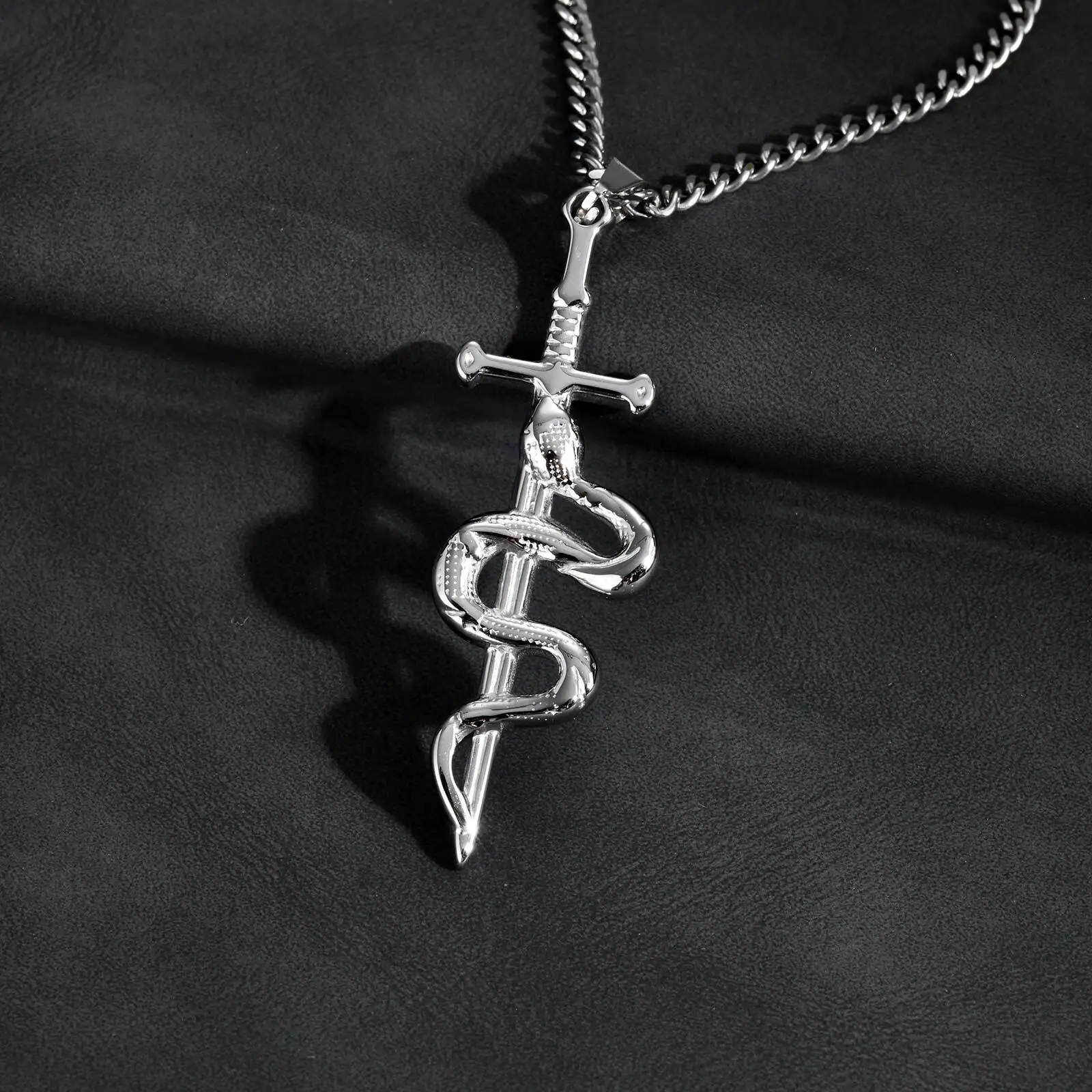 

Punk Sword Necklace for Men Boys,Cross Snake Pendant Necklace with 60CM Cuban Chain,Gothic Jewelry Gift