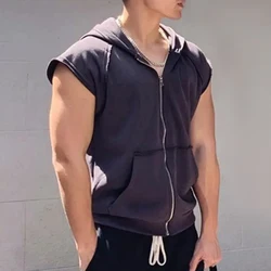 Large Size Mens Casual Sleeveless Sweatshirt Hoodie 2024 Summer Sports Zipper Cardigan Waistcoat Training Fitness Vest Jacket