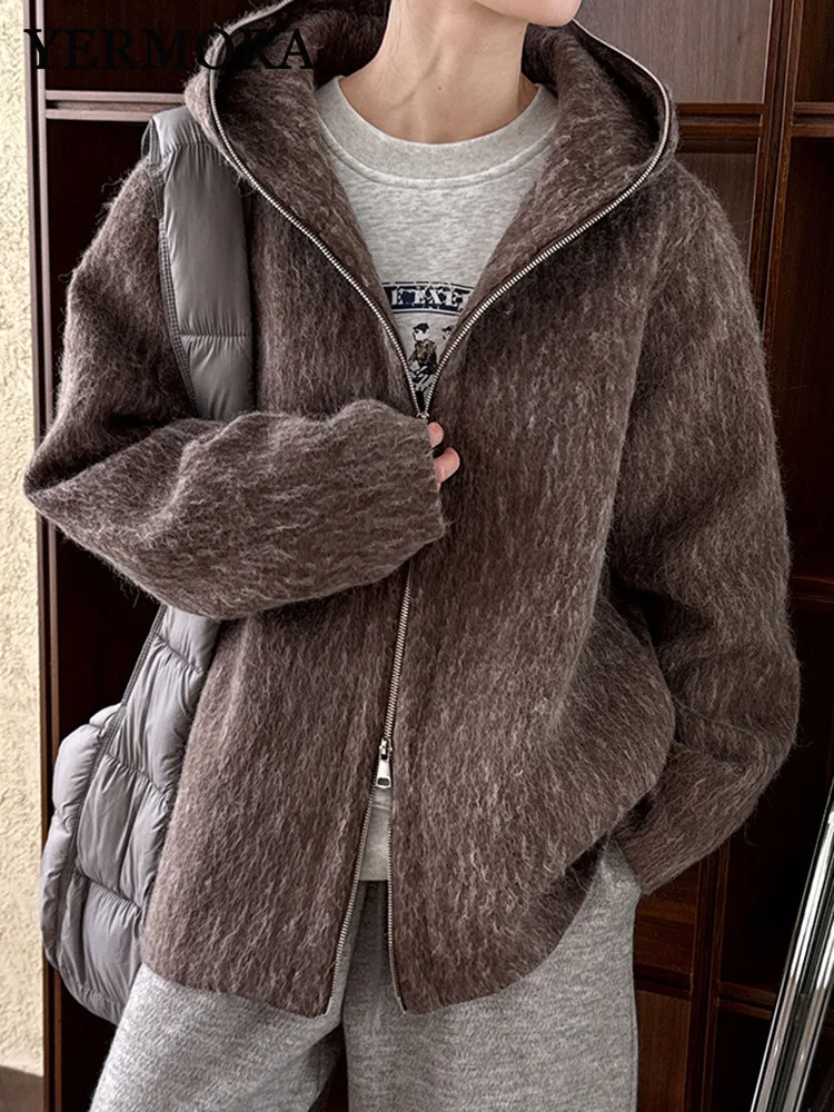 

YERMORA, новая зимняя женская повседневная стеганая куртка на молнии с капюшоном и длинными рукавами, свободное новое пальто, модное пальто, весна-осень 2025