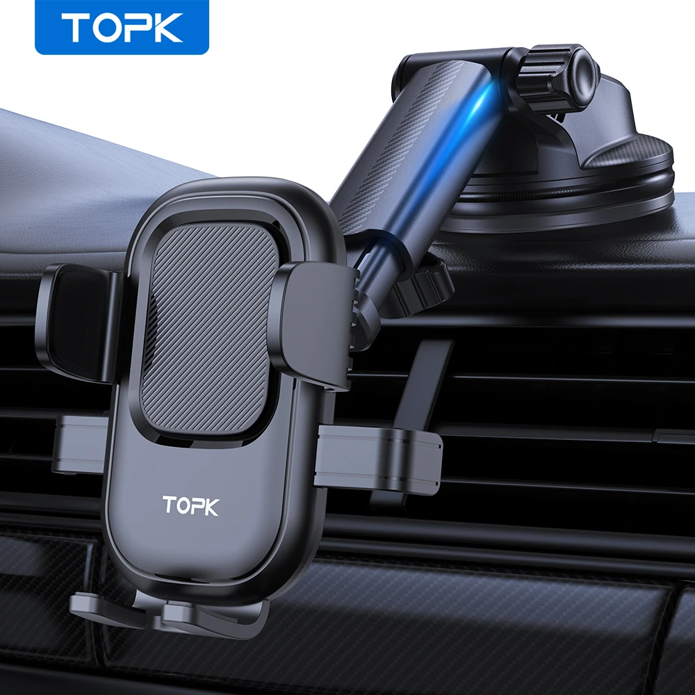 

Автомобильный держатель для телефона TOPK, крепление на присоске, прочная ручка, регулируемая подставка для приборной панели/лобового стекла, подходит для всех смартфонов iOS/Android