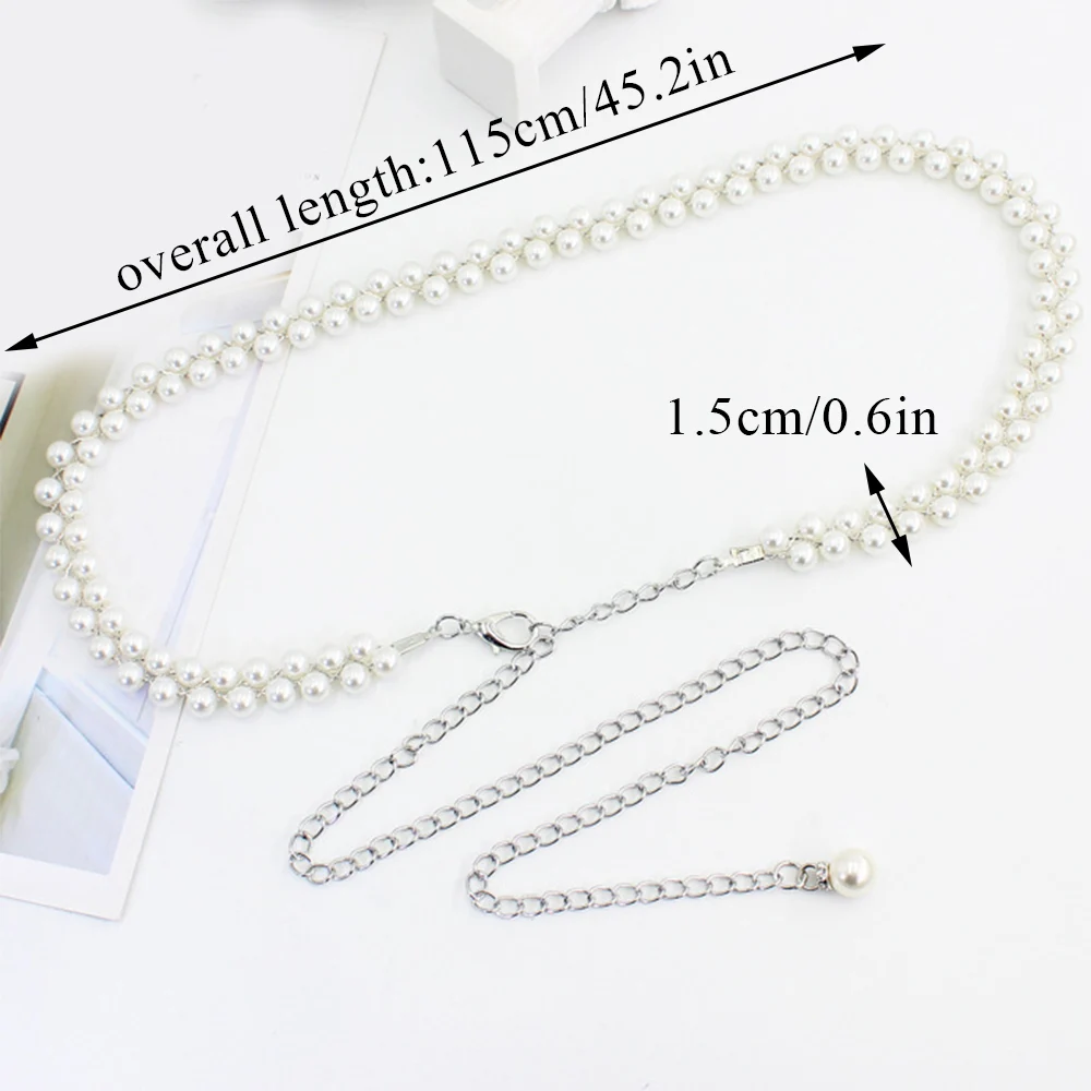 Elegant Women\'S Pearl Beads Belts Metal Thin Waist Belts Slim Chain Belt Decorative Waistband Dress Accessories Cinturon Mujer