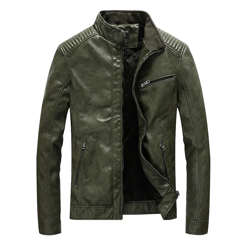

Men Faux Leather Coats Autumn Winter Stand Collar Slim Motorcycle PU Leather Jacket Casual Fashion Zip Pockets Designs Men Coats