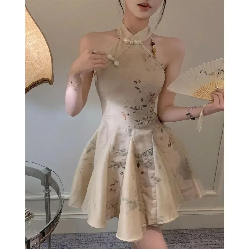 Femmes Style chinois Vintage Sexy licou sans manches Mini robe été col montant taille haute mince élégant robes de soirée robes