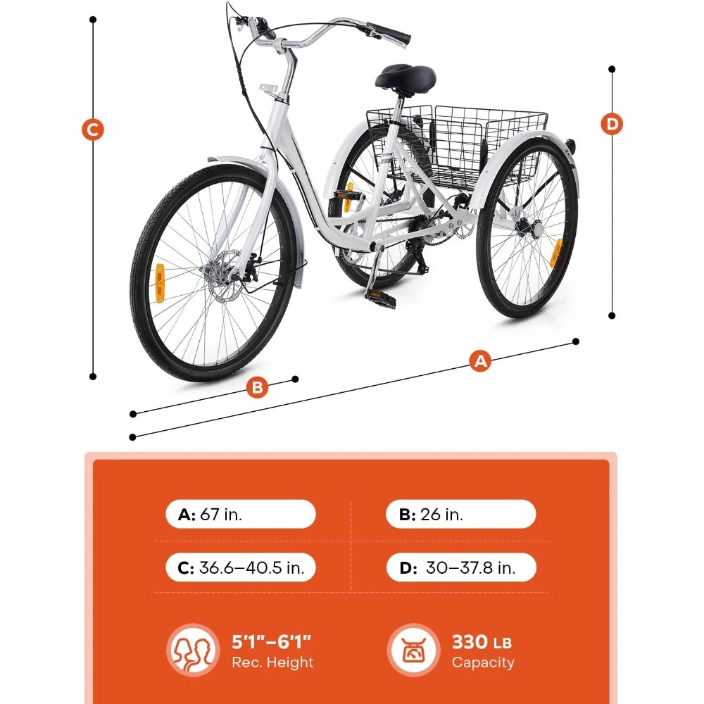 Tricycle, 7 Speed with Dual Chain, for Women Men Seniors,Three Wheel Bike with Basket,330lb. Adult Trike 24 26 inch 3 Wheel Bike