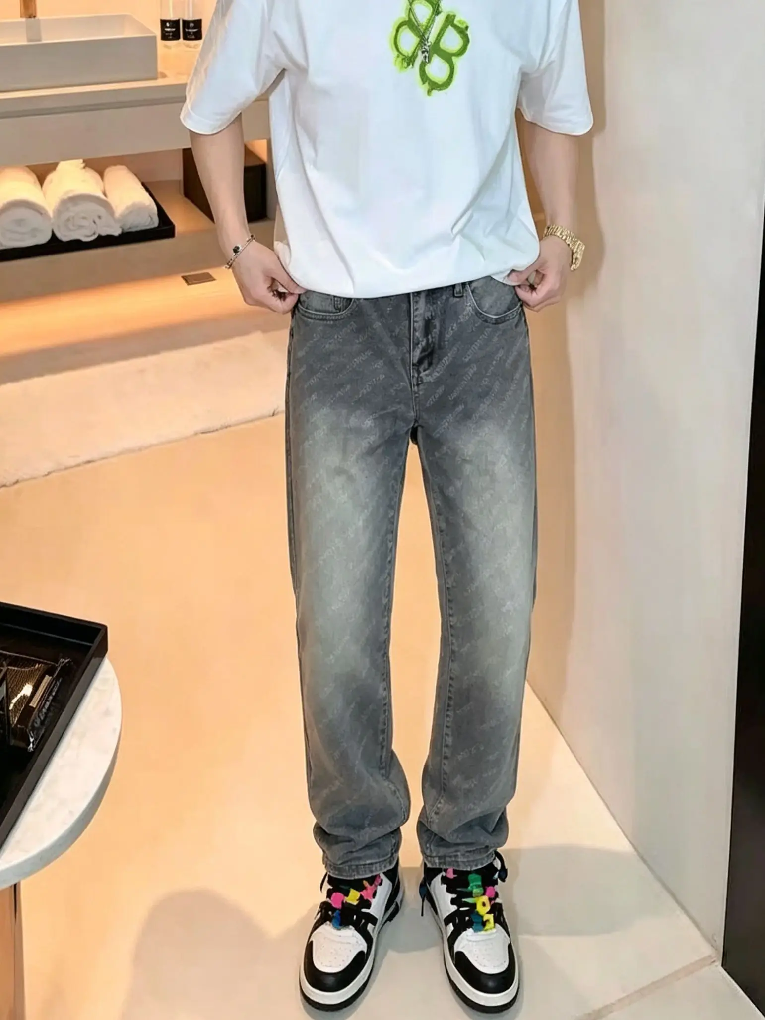 【HME】Men's Jeans | All‑Over Letter Jacquard Denim Pants, Vintage Grey Washed Straight‑Leg Denim Trousers, Subtle Diagonal Printed Casual Pants, Classic 5‑Pocket Durable Denim Bottoms, Luxury Street Style Male Denim Wear For All Seasons