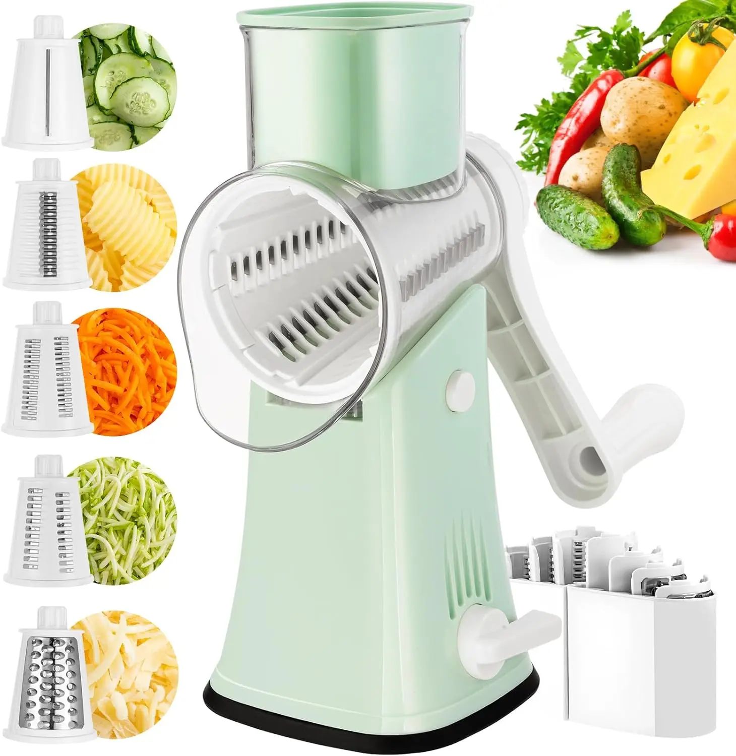 

Rotary Cheese Grater, 5 in 1 Cheese Grater with Handle, Replaceable Stainless Blades Cheese Shredder, Vegetable