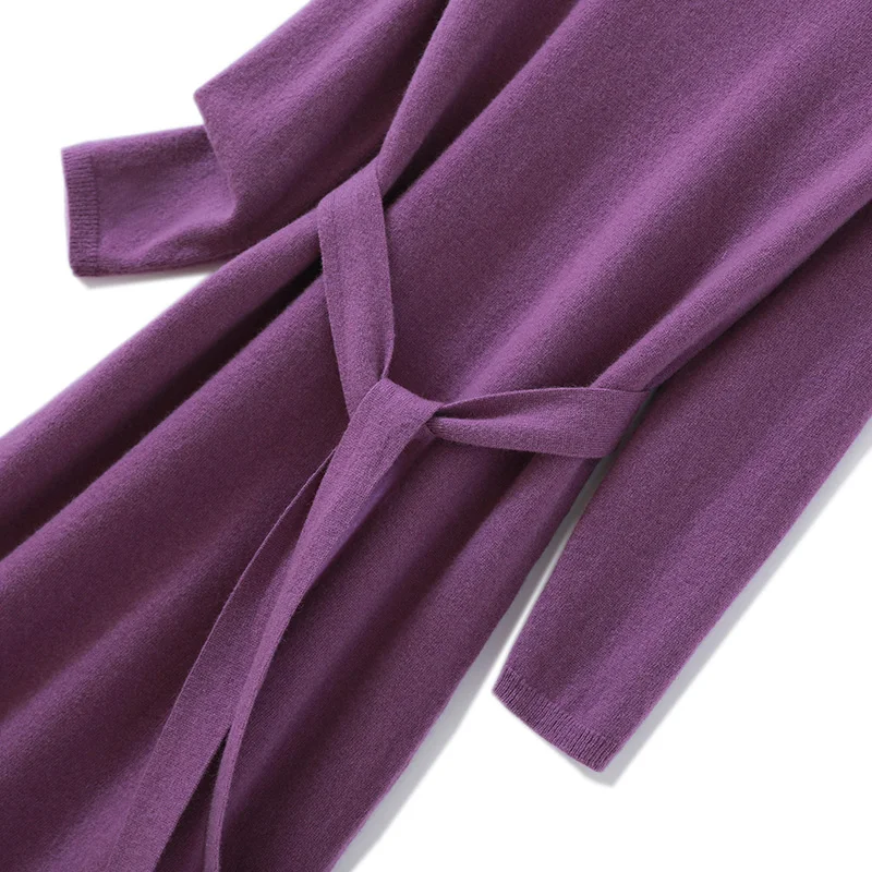 Autumn and Winter New Women\'s Dress 100% Merino Wool Knitted Long Skirt Slimming Fashion High Collar Hoodie Long Sweater Tops