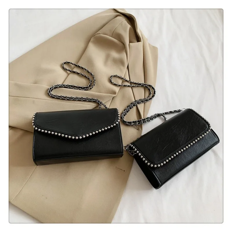 Fashion Chains Pearl Solid Thread Hasp Pu Shoulder Bags 2024 High Quality Hot Sale Crossbody Bag for Women Bolsos De Señora