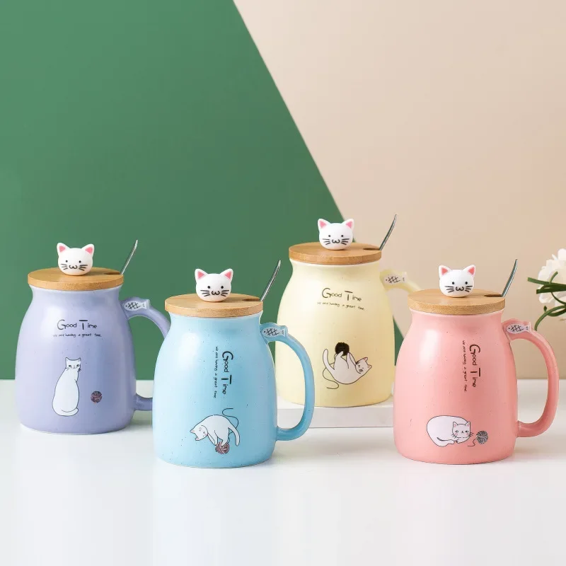 

Japanese Style Wooden Lid Mug with Spoon Cute Cartoon Cat Milk Ceramic Mug Ice Yogurt Juice Cup Heat-resistant Mug Gifts Cup