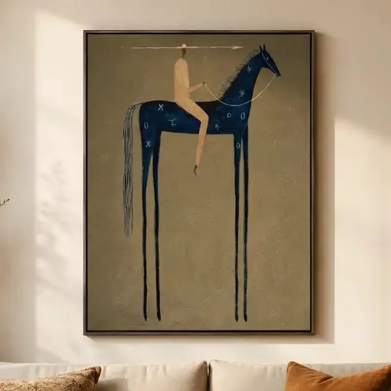(No frame)Blue Arrow – Vintage Americana Rider with Spear on Indigo Horse Painting | Canvas Wall Printfor Bedroom, Living Roo